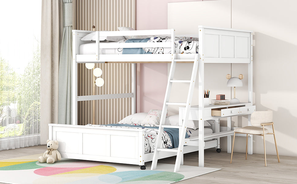 White wooden bunk bed with desk and drawers