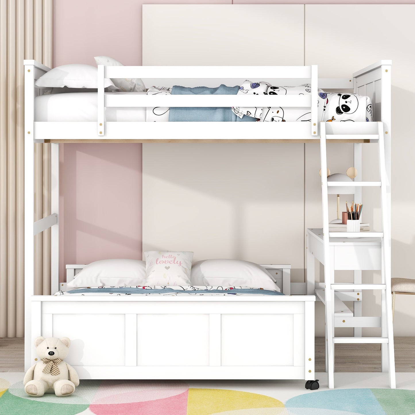 White wooden loft bed with integrated desk and ladder