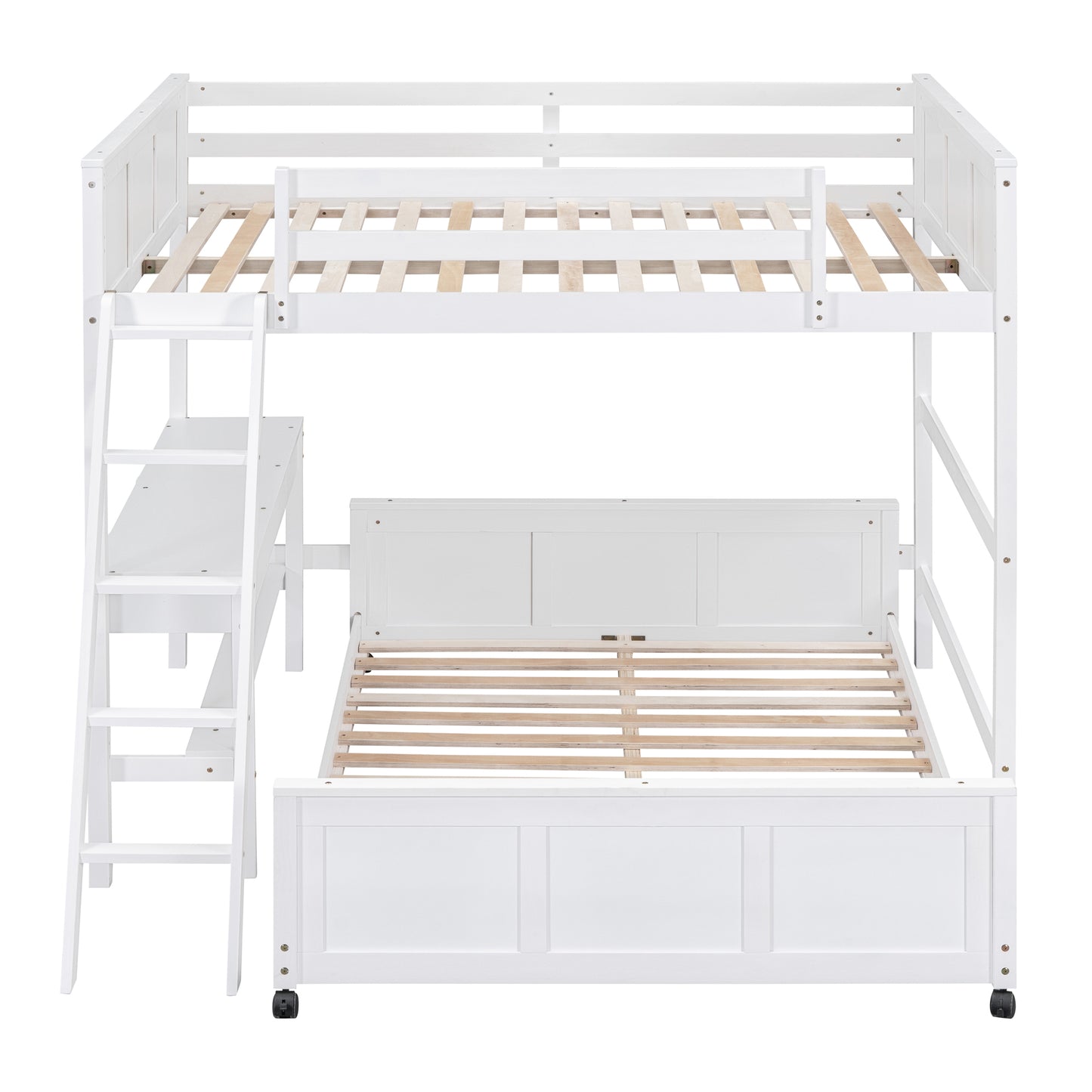 White wood bunk bed with twin over full configuration and integrated desk