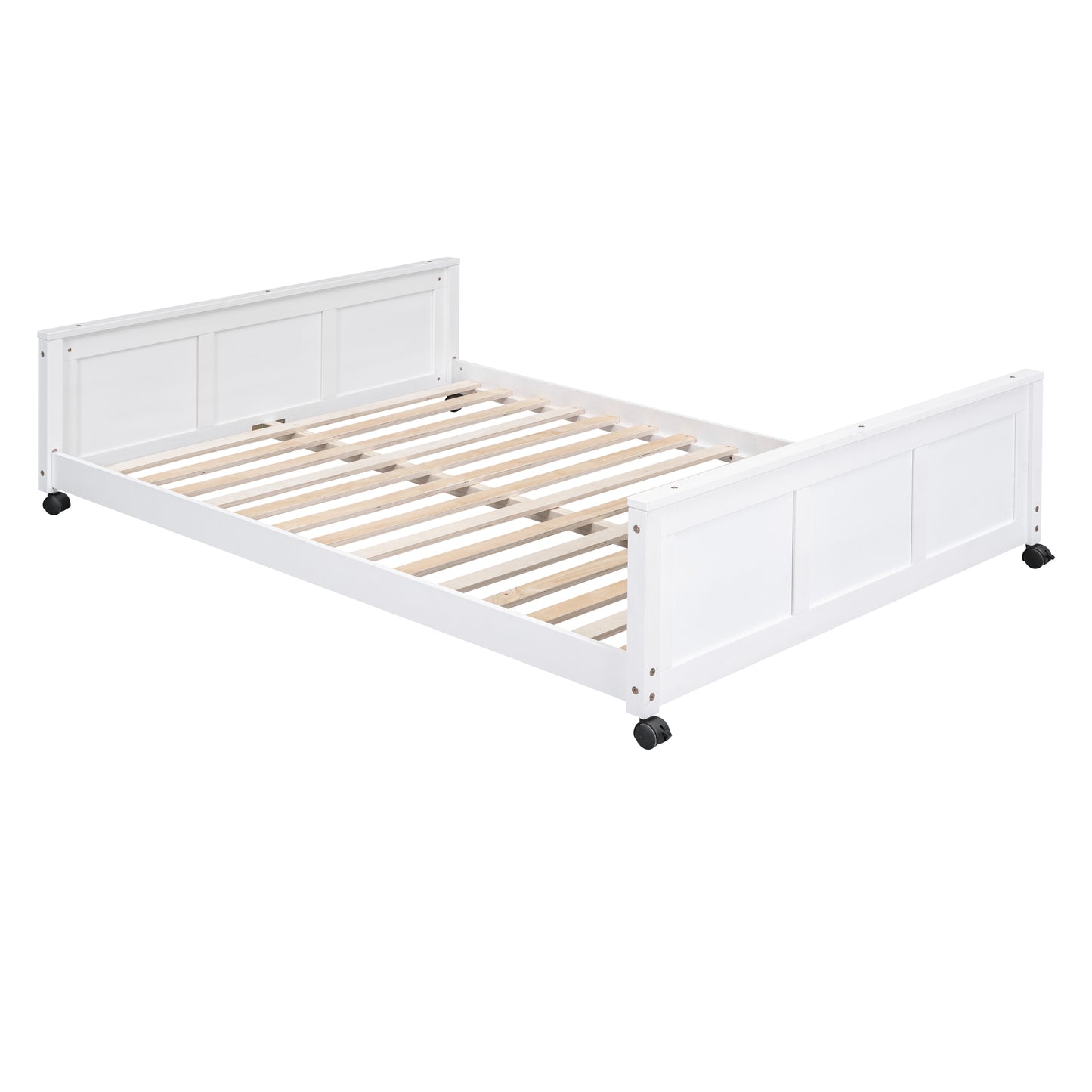 White wooden daybed frame with slatted base and rolling casters