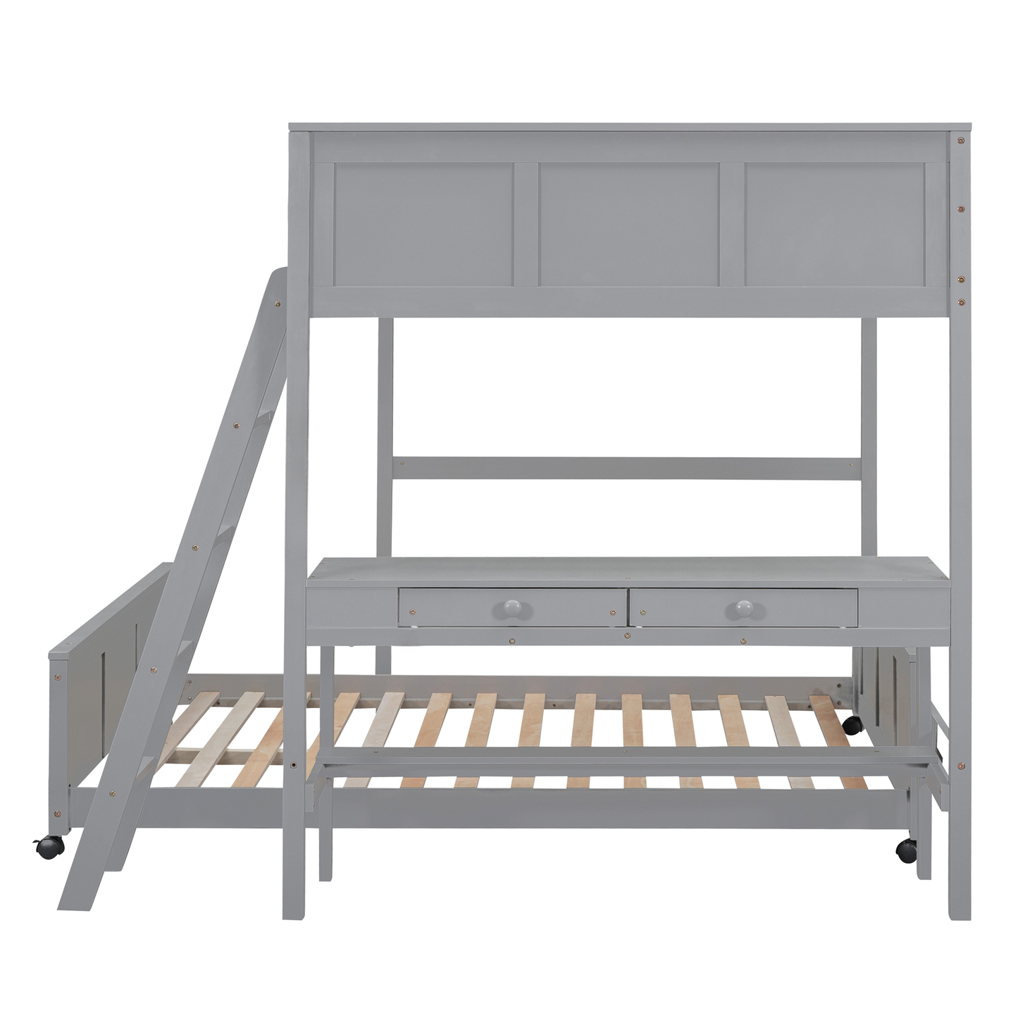 Grey triple bunk bed with ladder and desk