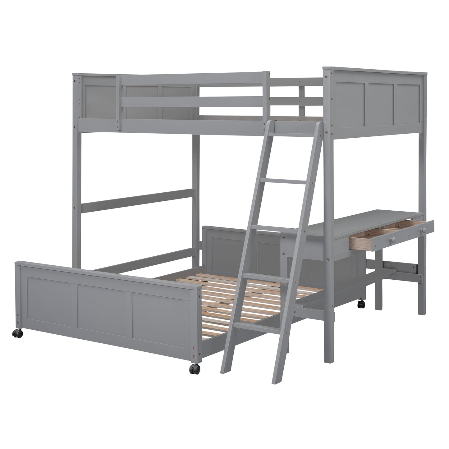 Gray wood loft bed with desk and drawers