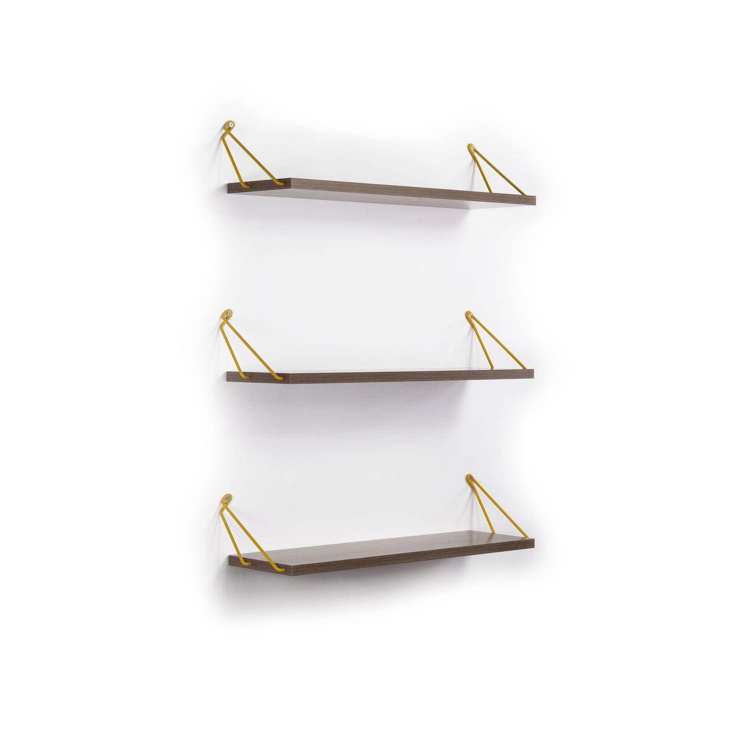 Set of three dark wood wall shelves with yellow wire supports