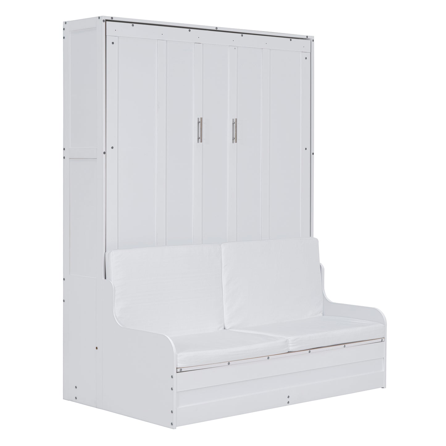 Closed white murphy bed with two cabinet doors and a sofa base
