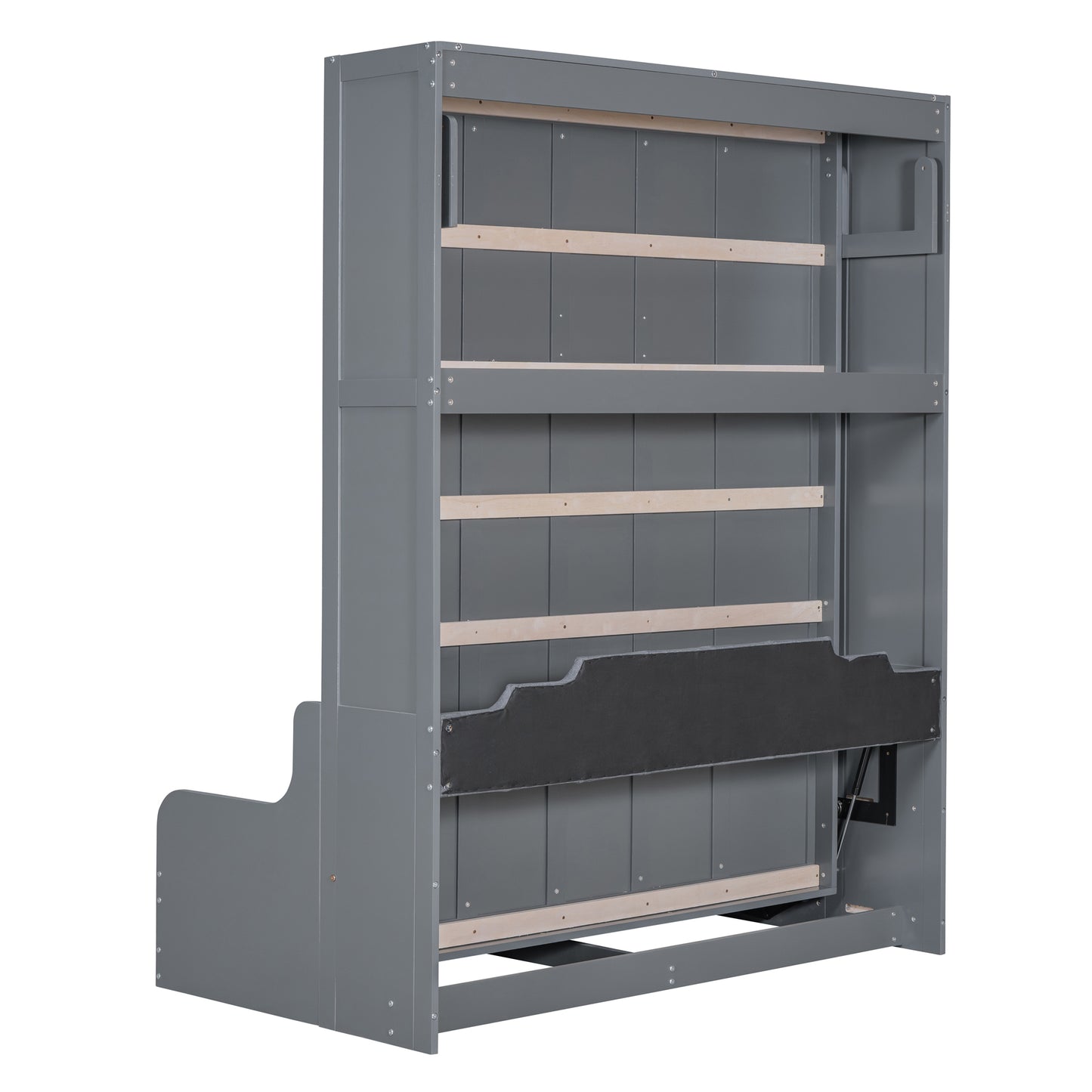 Gray convertible sofa bed frame with wooden slats