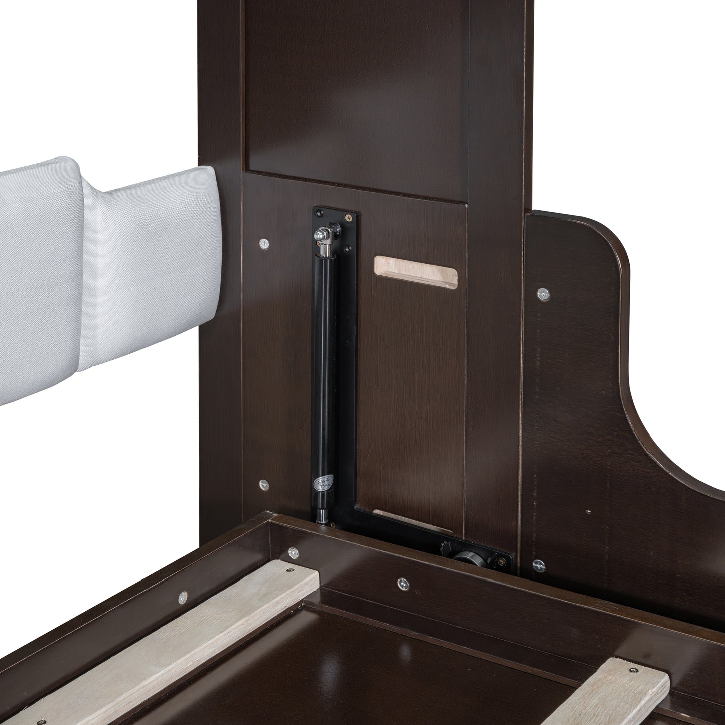 Dark wood bed frame with gas lift mechanism and white headboard panel