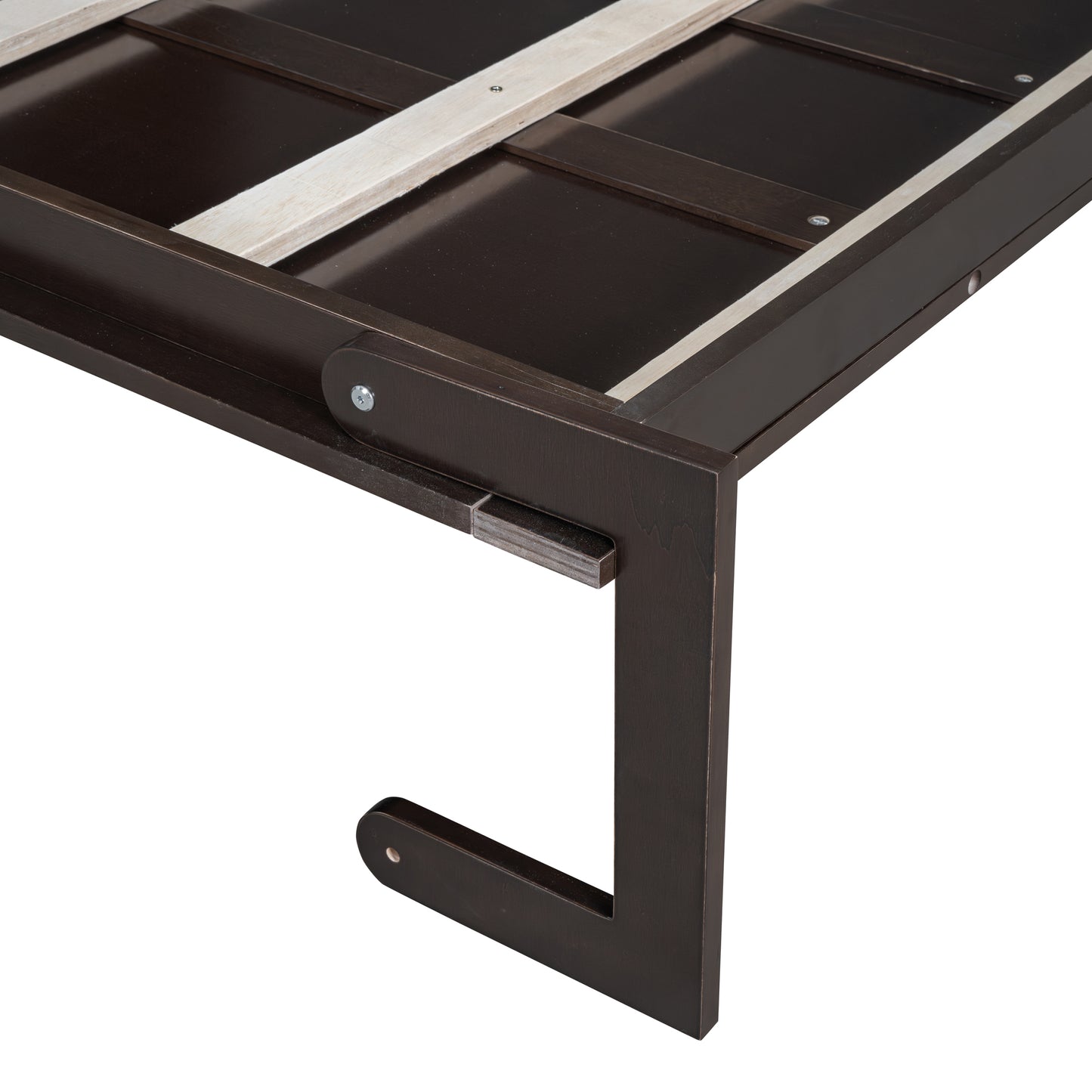 Dark brown wooden bed frame corner detail with support slats visible