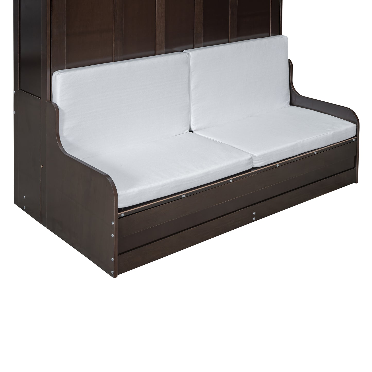 Dark brown wooden daybed with white cushions and a slatted base