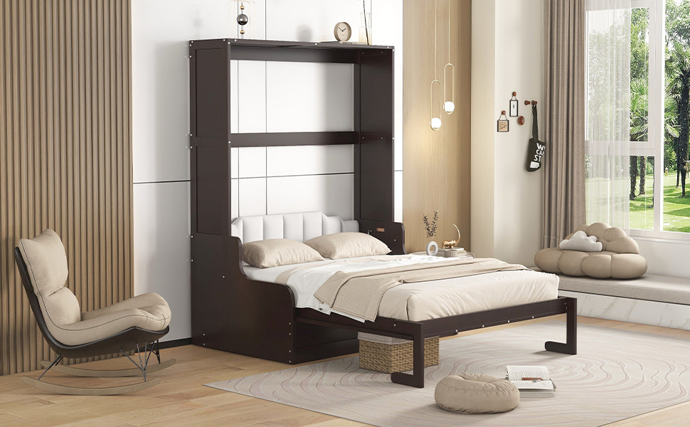 Dark brown murphy bed with white tufted headboard and queen mattress