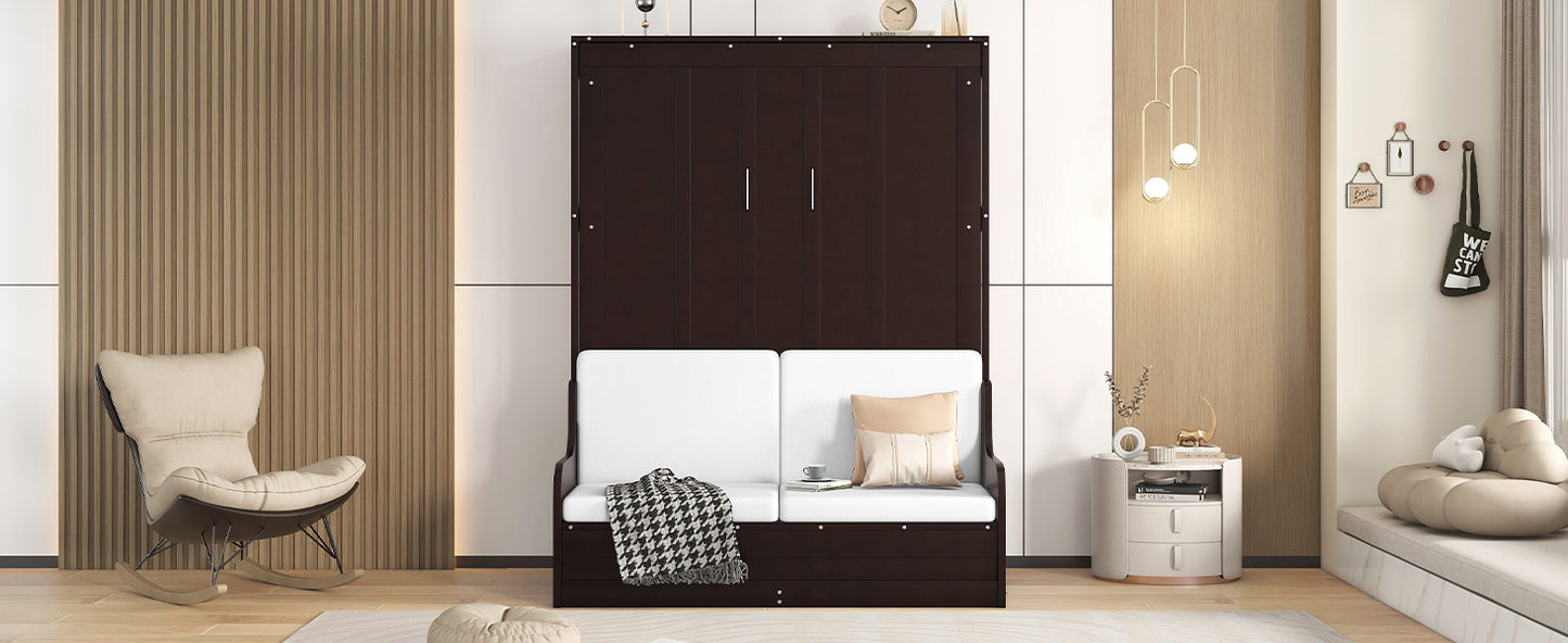 Dark brown Murphy bed with white sofa and houndstooth throw