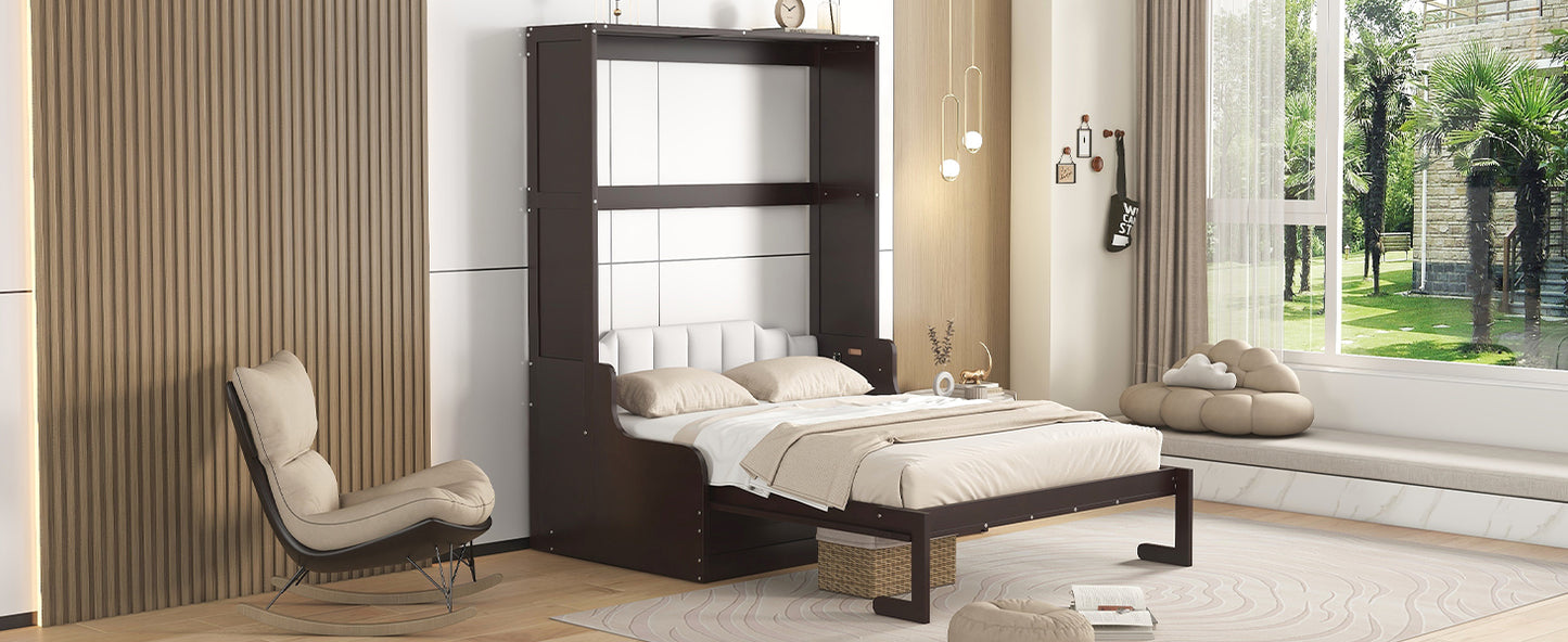 Dark brown wall bed with white tufted headboard and queen mattress
