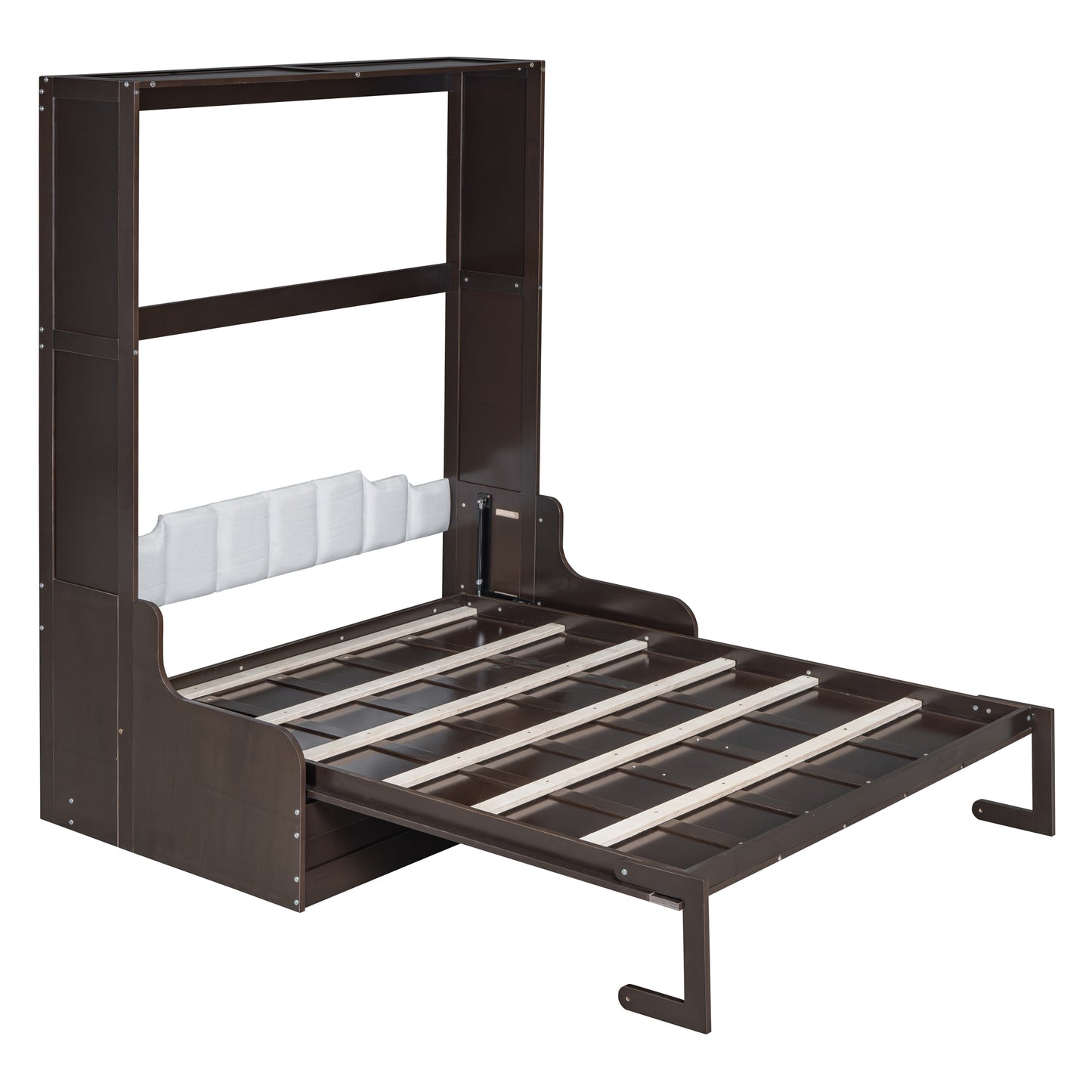 Dark brown murphy bed frame with wooden slats extended ready for mattress