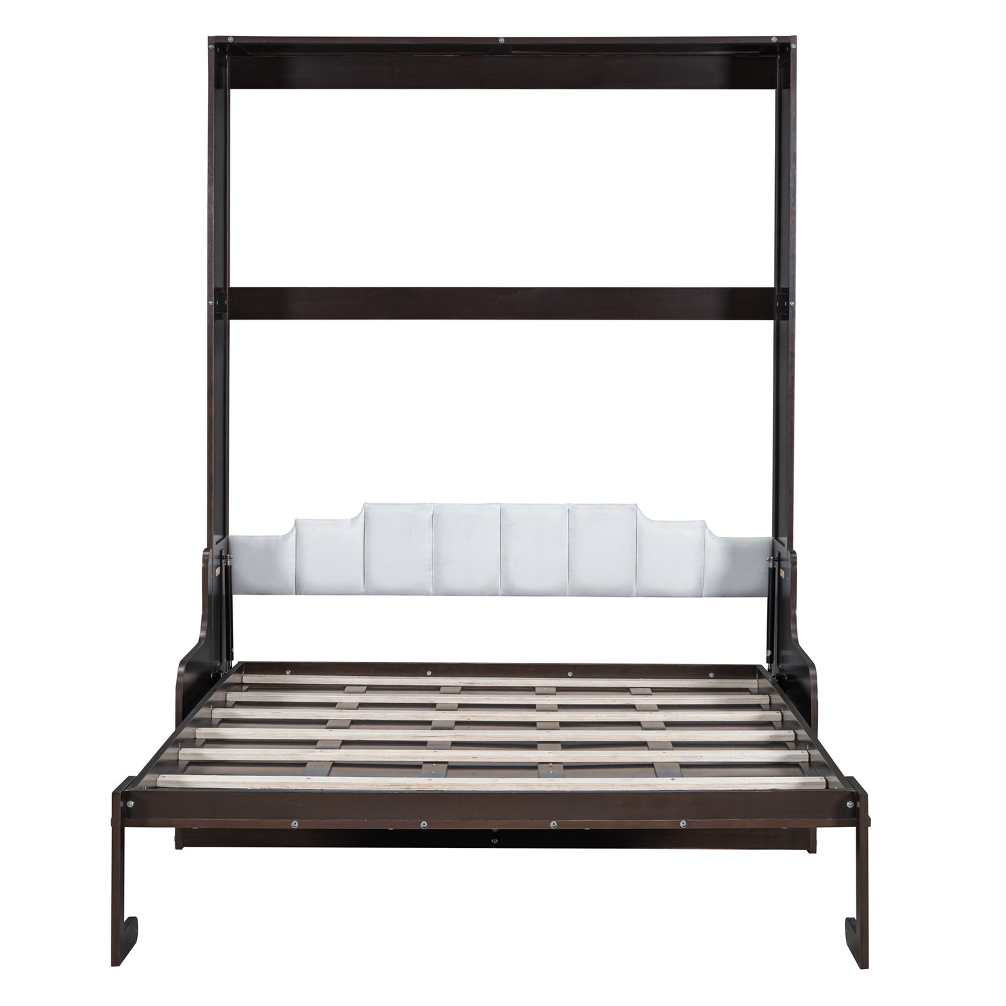 Dark espresso murphy bed frame with white tufted headboard and slat support