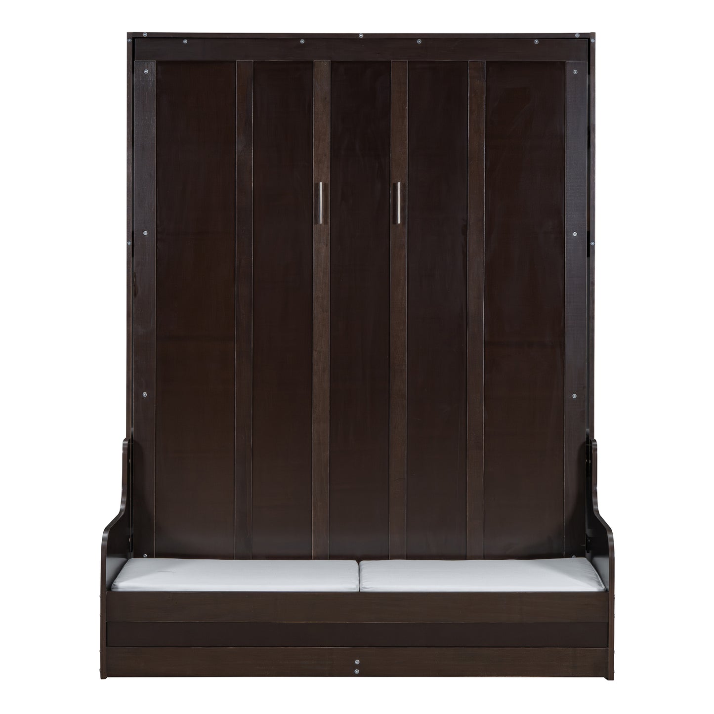 Dark brown wood murphy bed with white mattress and silver handles