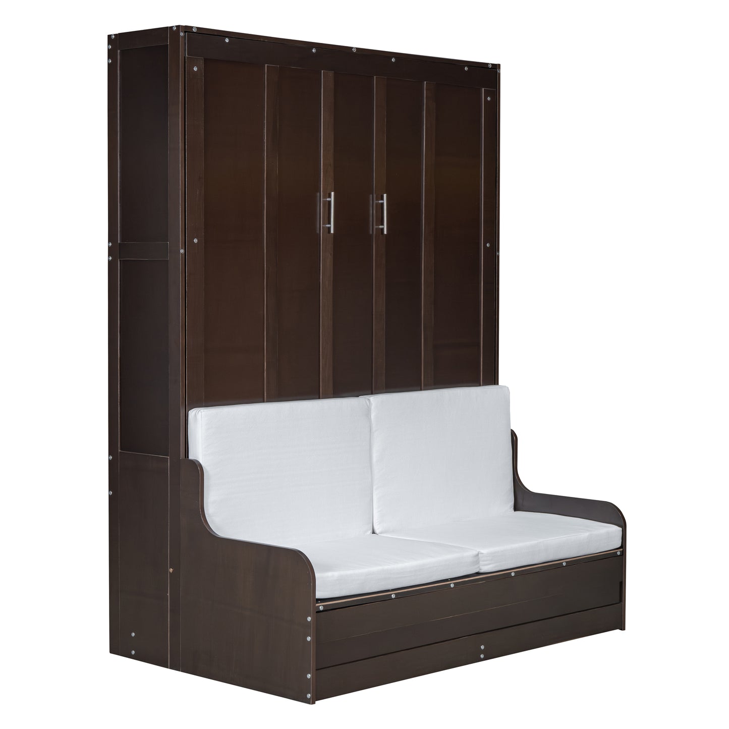 Dark brown murphy bed with white cushions