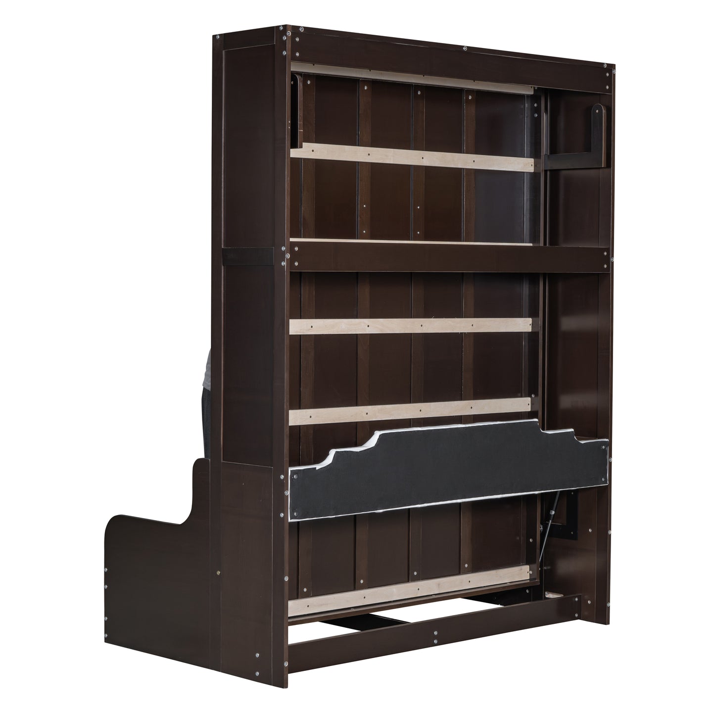 Dark brown wooden murphy bed frame with supportive slats