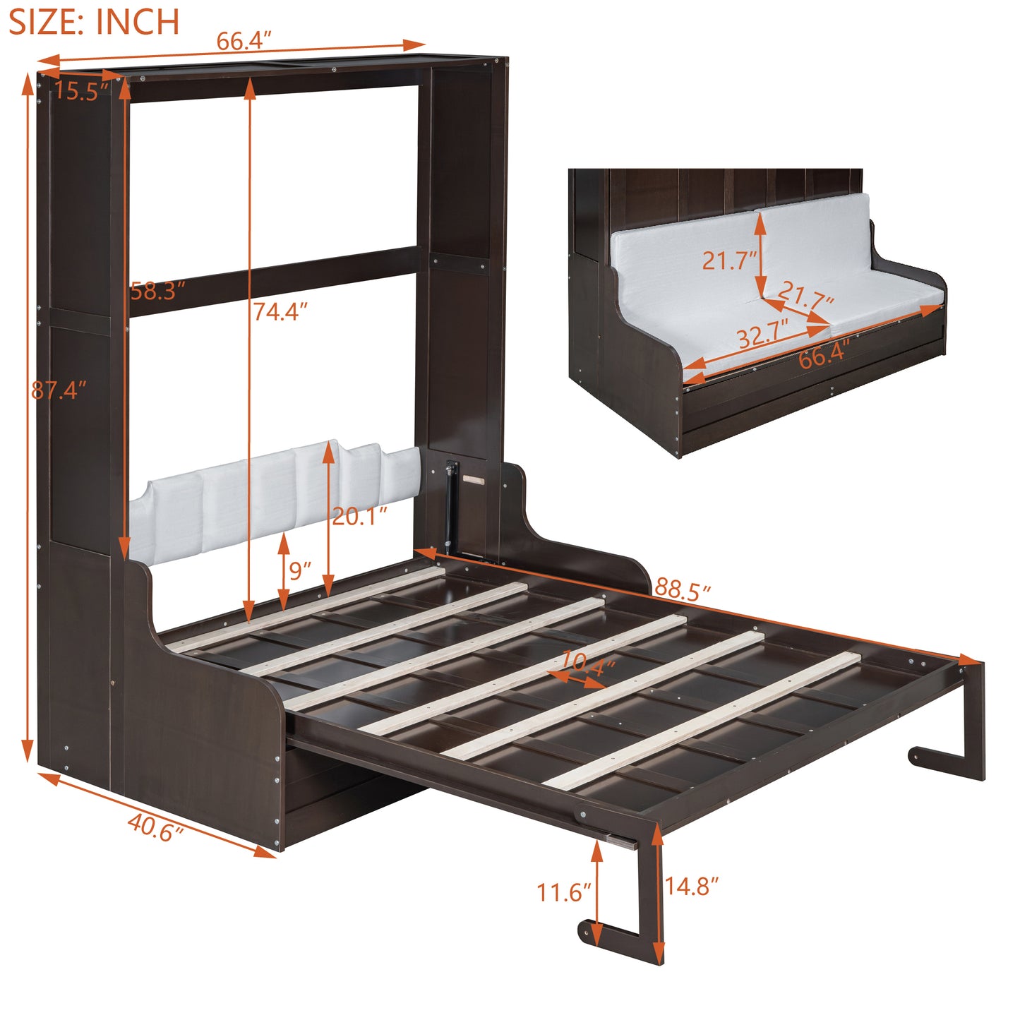 Dark brown murphy bed frame shown open with dimensions