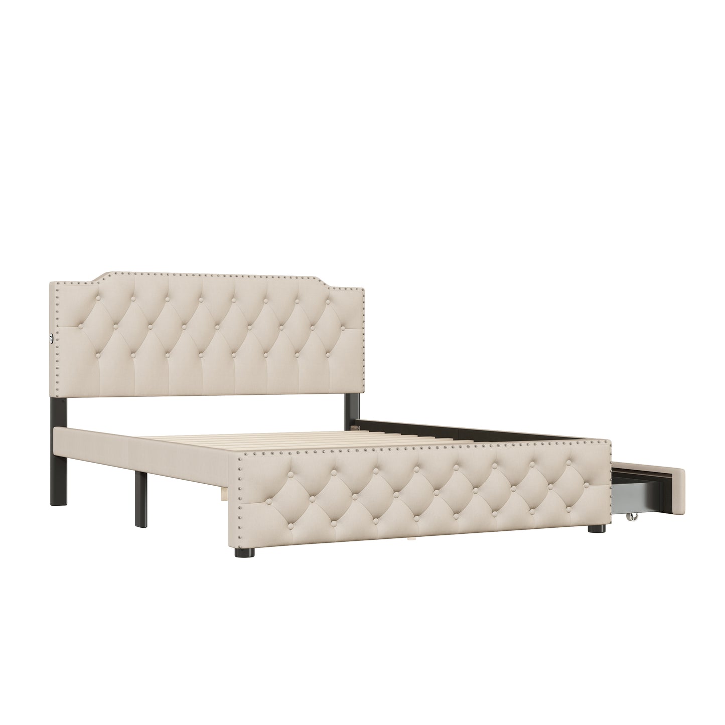 Cream upholstered queen bed frame with tufted headboard drawer