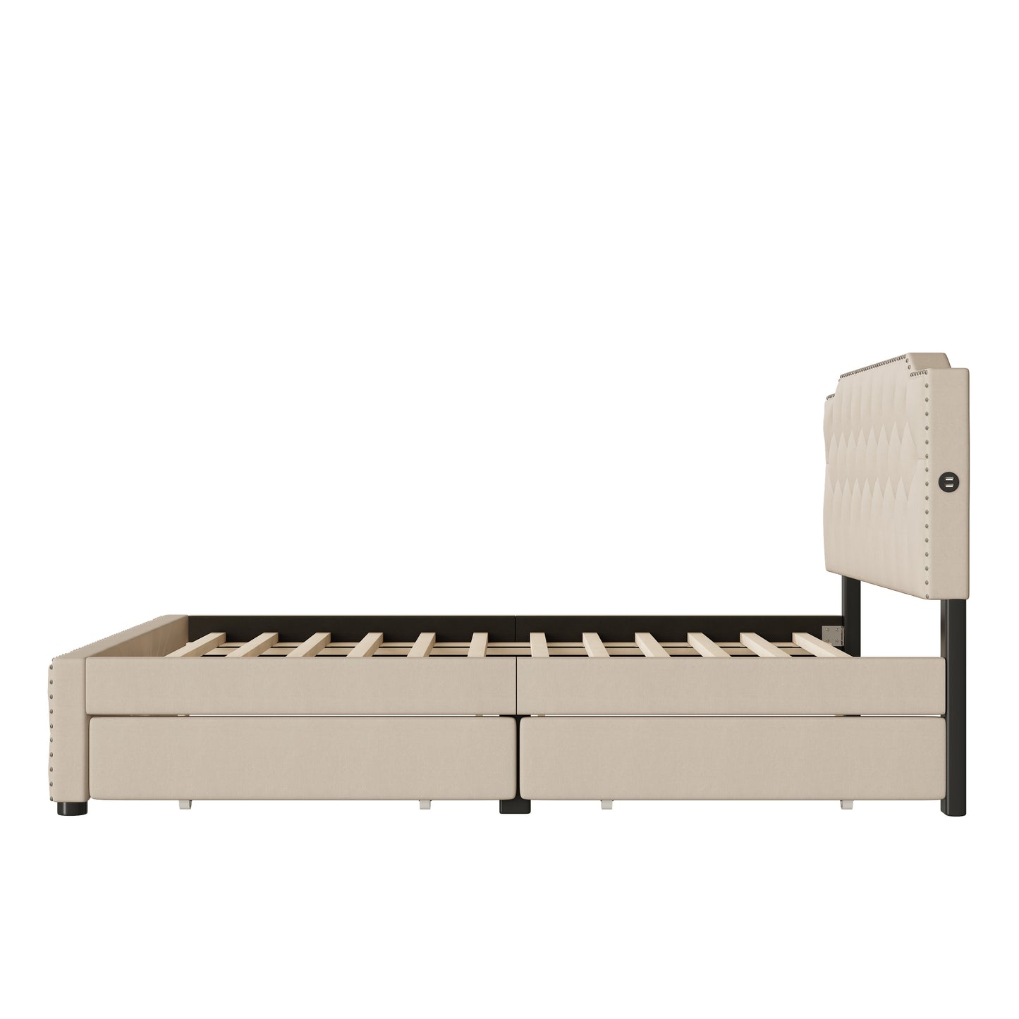 Upholstered beige bed frame with diamond tufting nailhead trim and two storage drawers for a comfortable bedroom