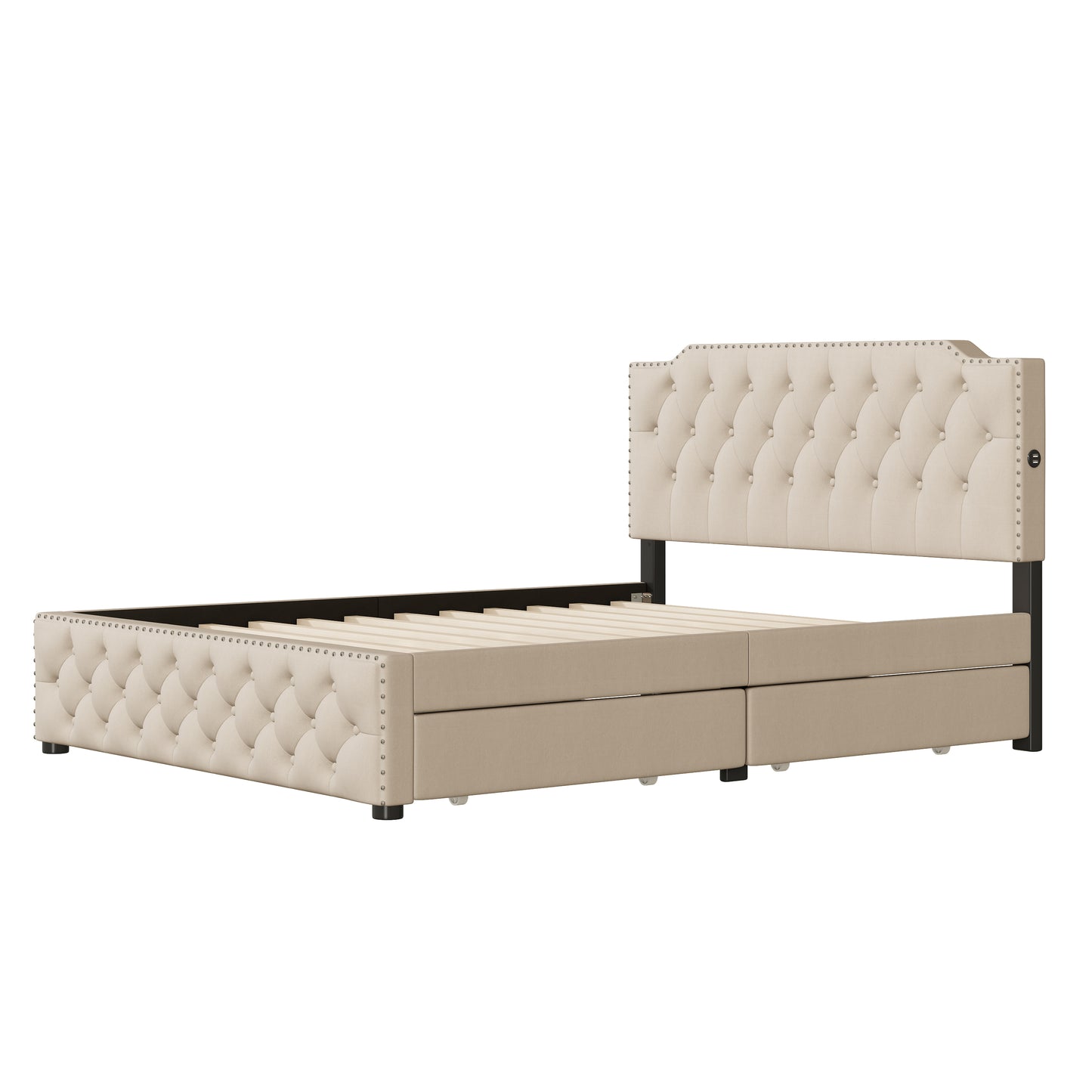 Beige upholstered bed frame with tufted headboard and storage drawers