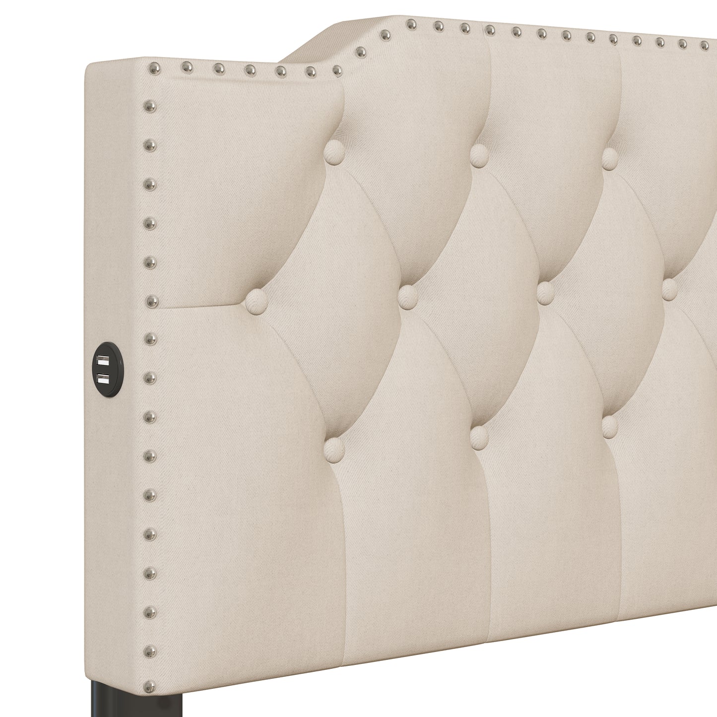 Tufted beige fabric headboard with silver nailhead trim and integrated USB ports