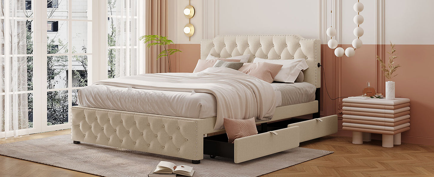 Beige upholstered queen bed frame with tufted headboard and storage drawers