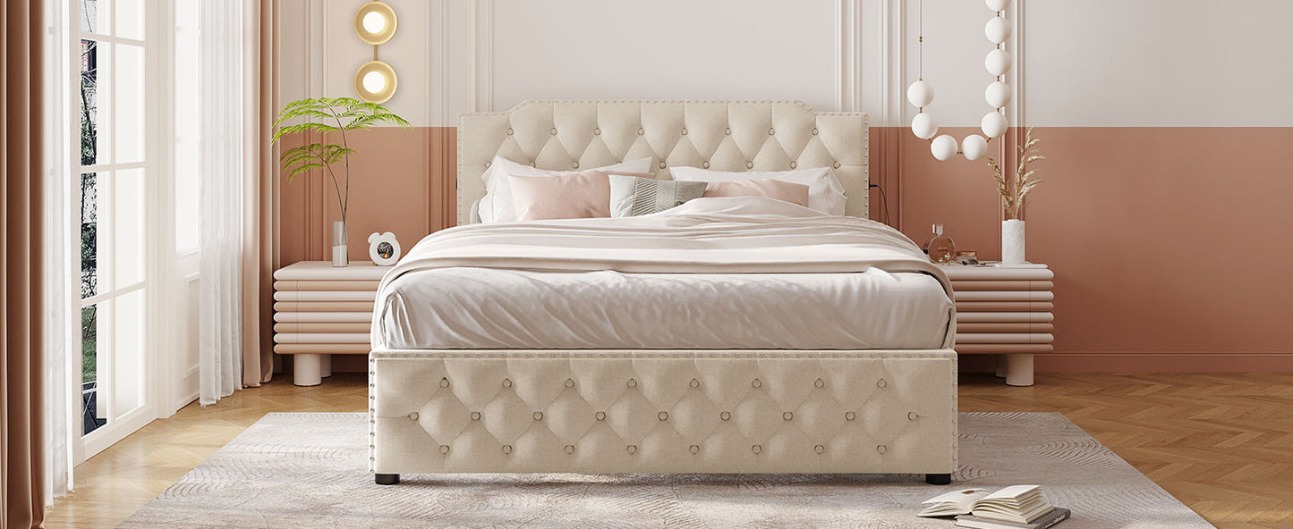 Tufted beige upholstered king bed frame with crystallike accents and nailhead trim