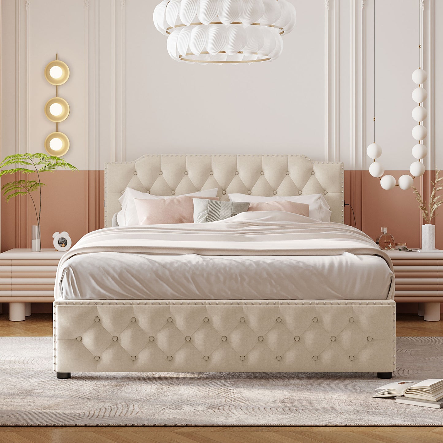 Tufted beige upholstered bed frame with diamond button tufting and nailhead trim