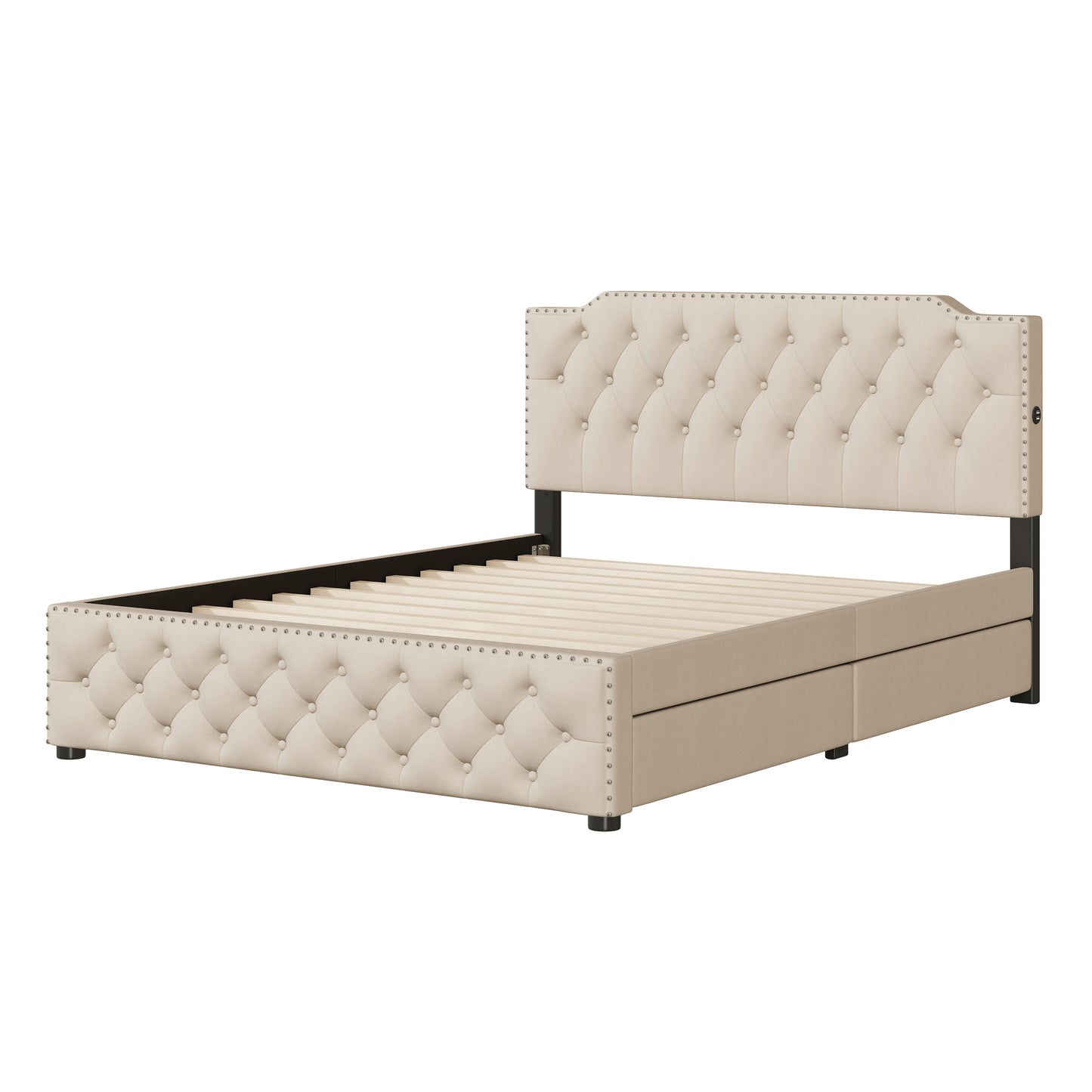 Cream upholstered bed frame with tufted headboard and nailhead trim