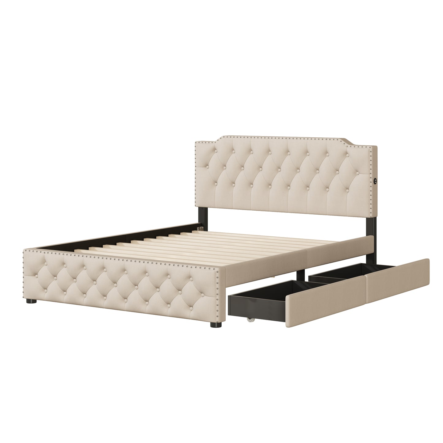 Tufted beige fabric bed frame with storage drawers