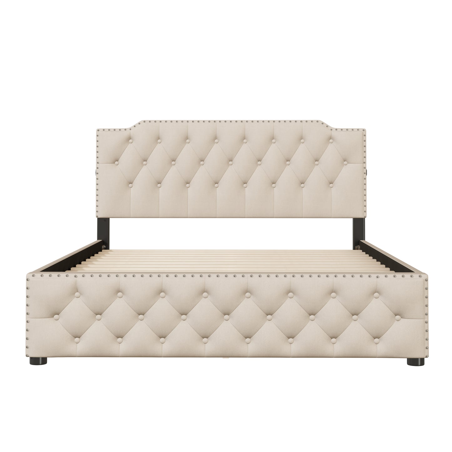 Beige upholstered tufted bed frame with silver nailhead trim