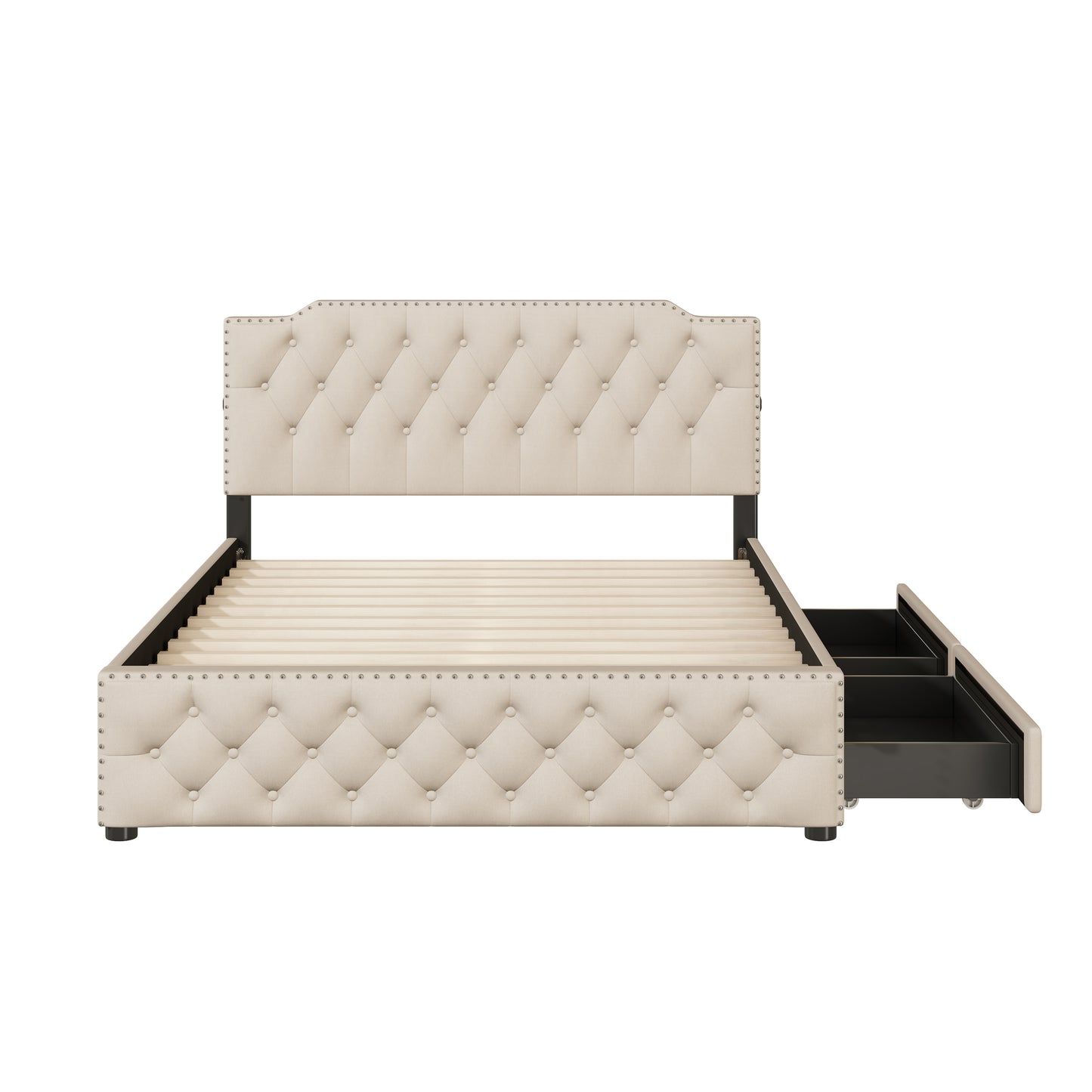 Beige tufted storage bed frame with ornate nailhead trim