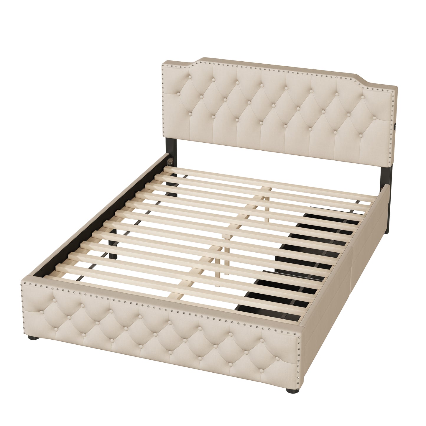 Tufted beige upholstered bed frame with wood slats and nailhead trim