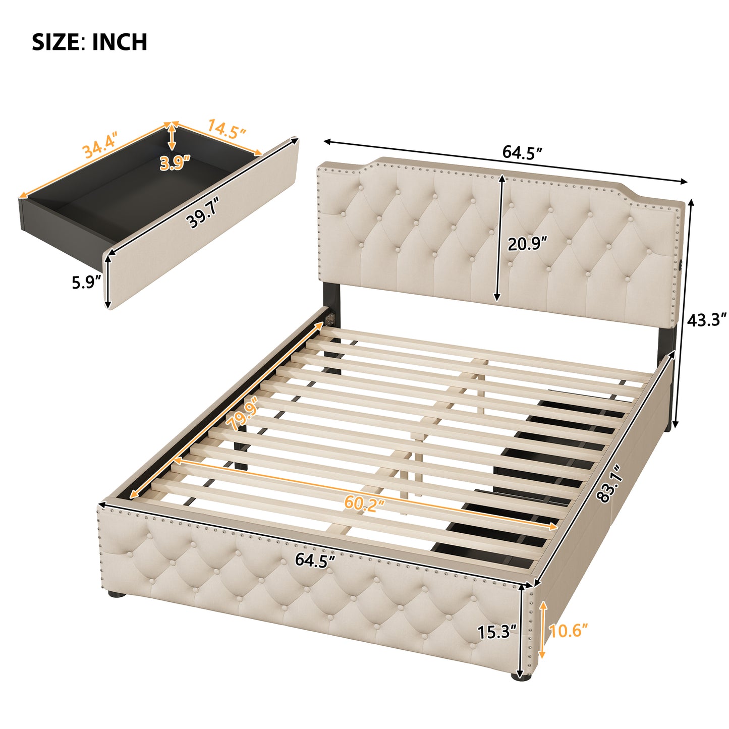 Tufted beige fabric bed frame with nailhead trim and wooden slats