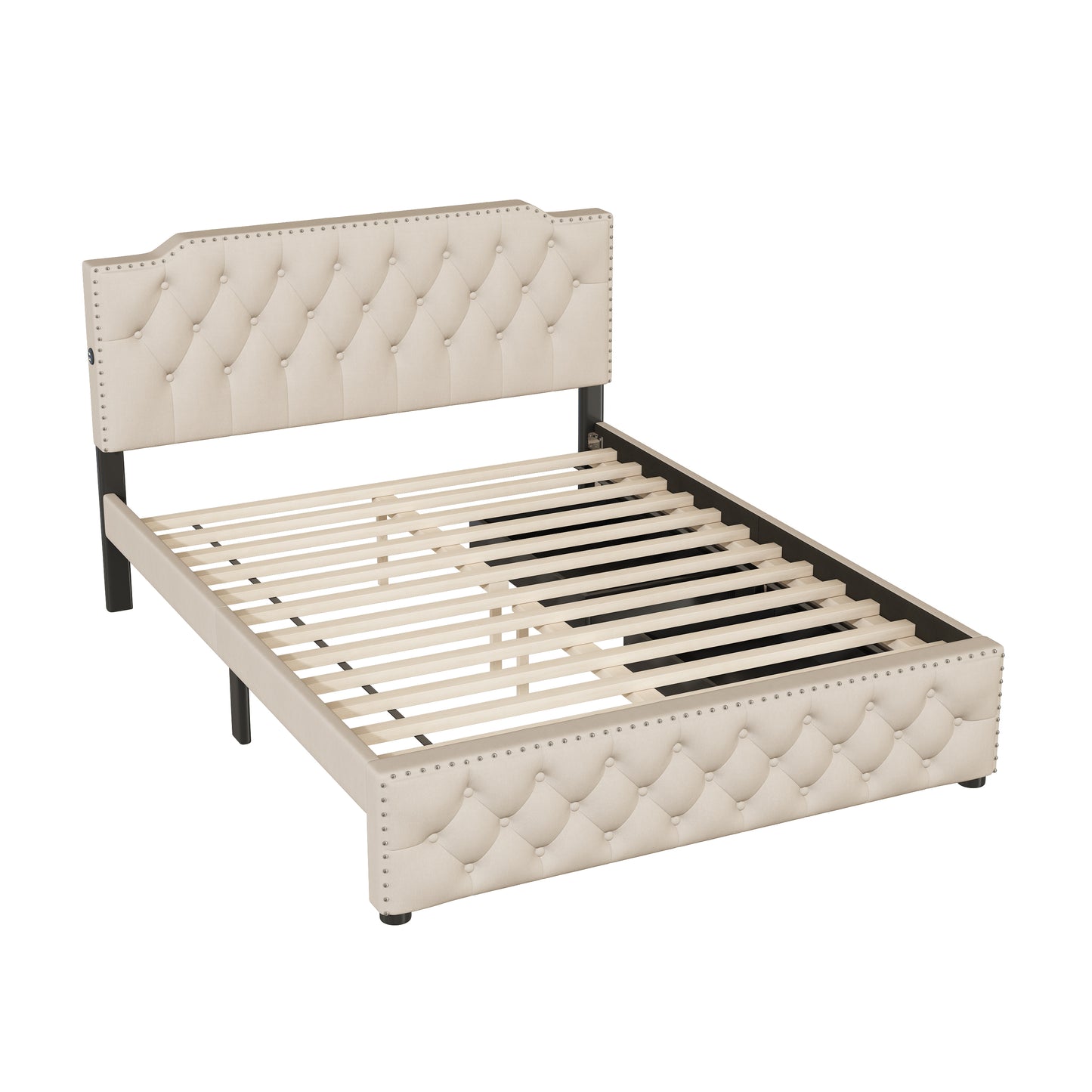 Tufted beige linen upholstered bed frame with nailhead trim and wooden slats for mattress support
