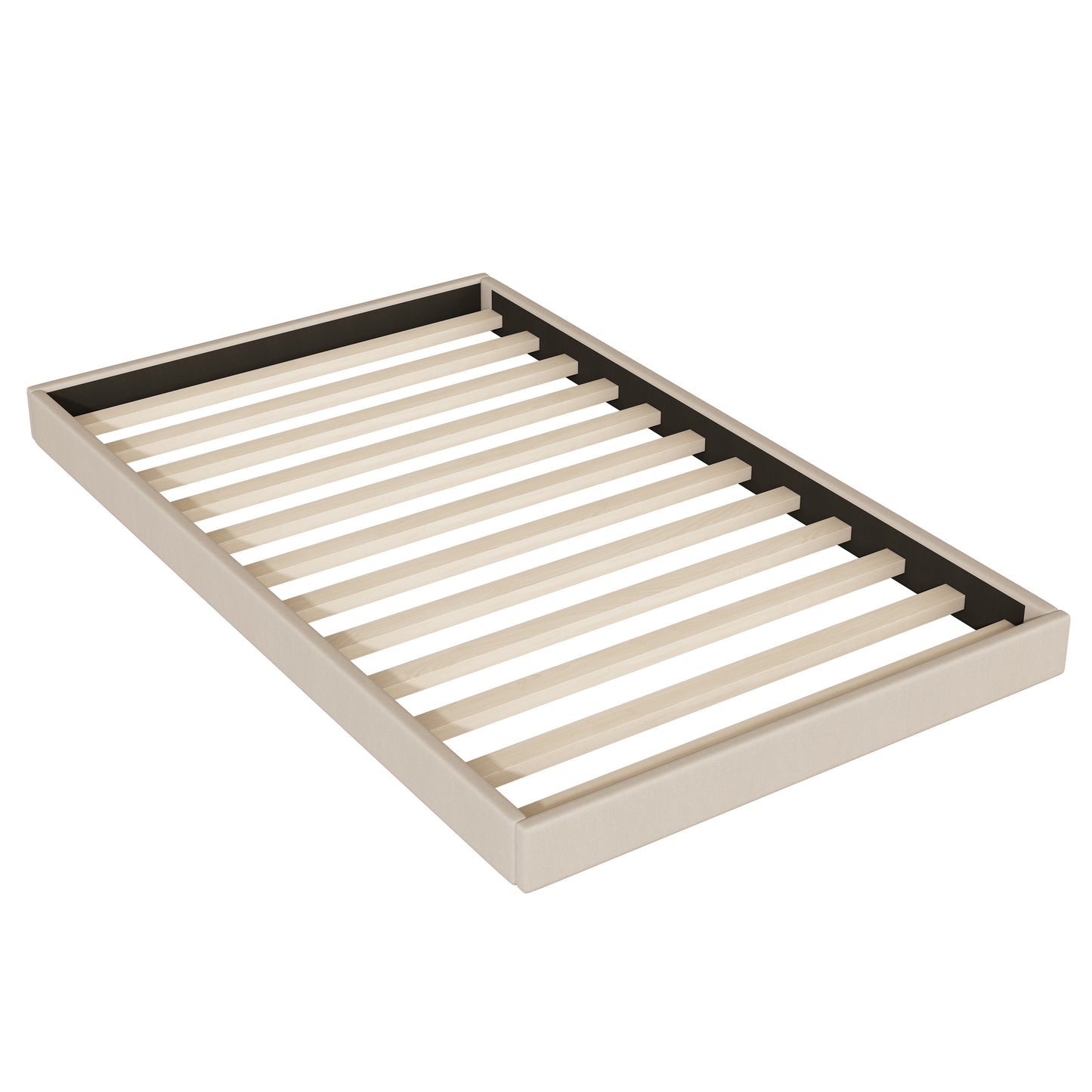 Beige upholstered bed frame with wooden slats