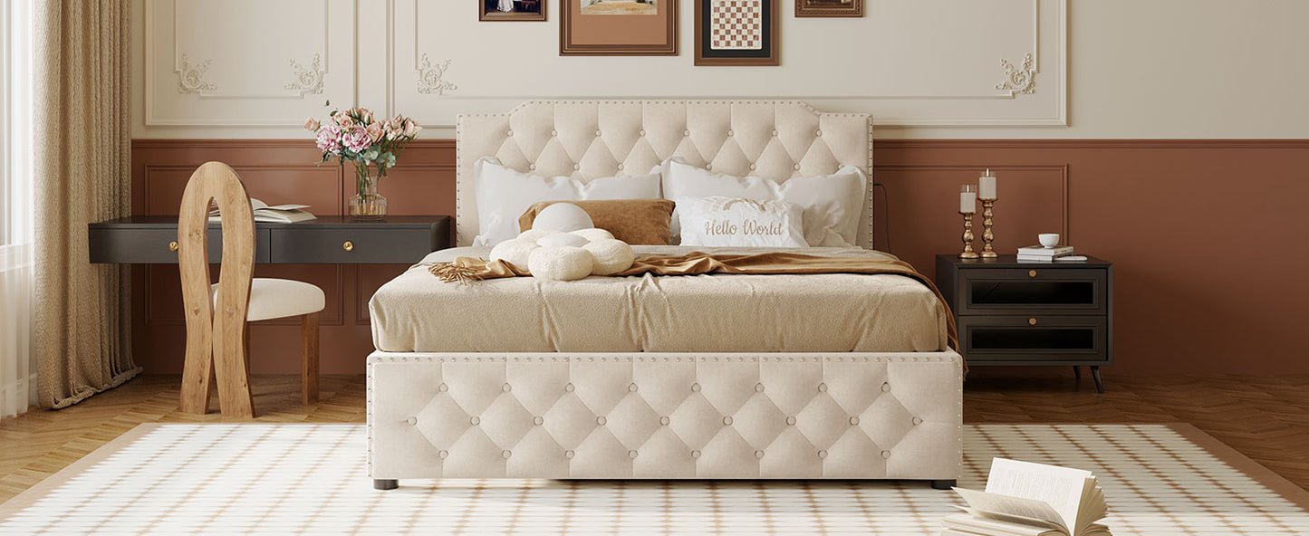 Tufted beige upholstered queen bed frame with nailhead trim