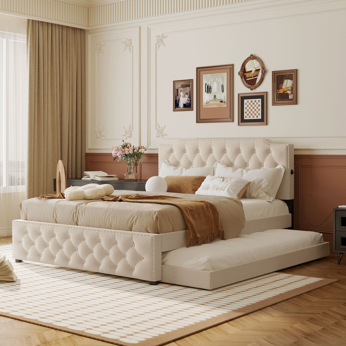 Tufted beige upholstered king bed with pullout trundle