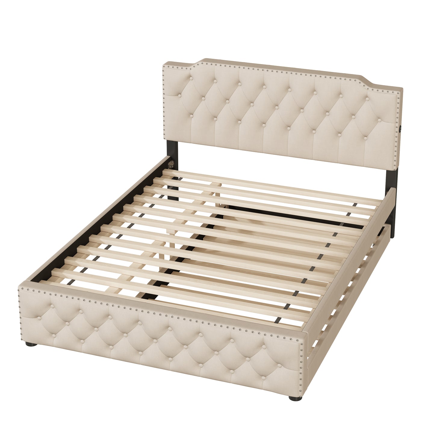 Tufted beige upholstered bed frame with silver nailhead trim and slatted support