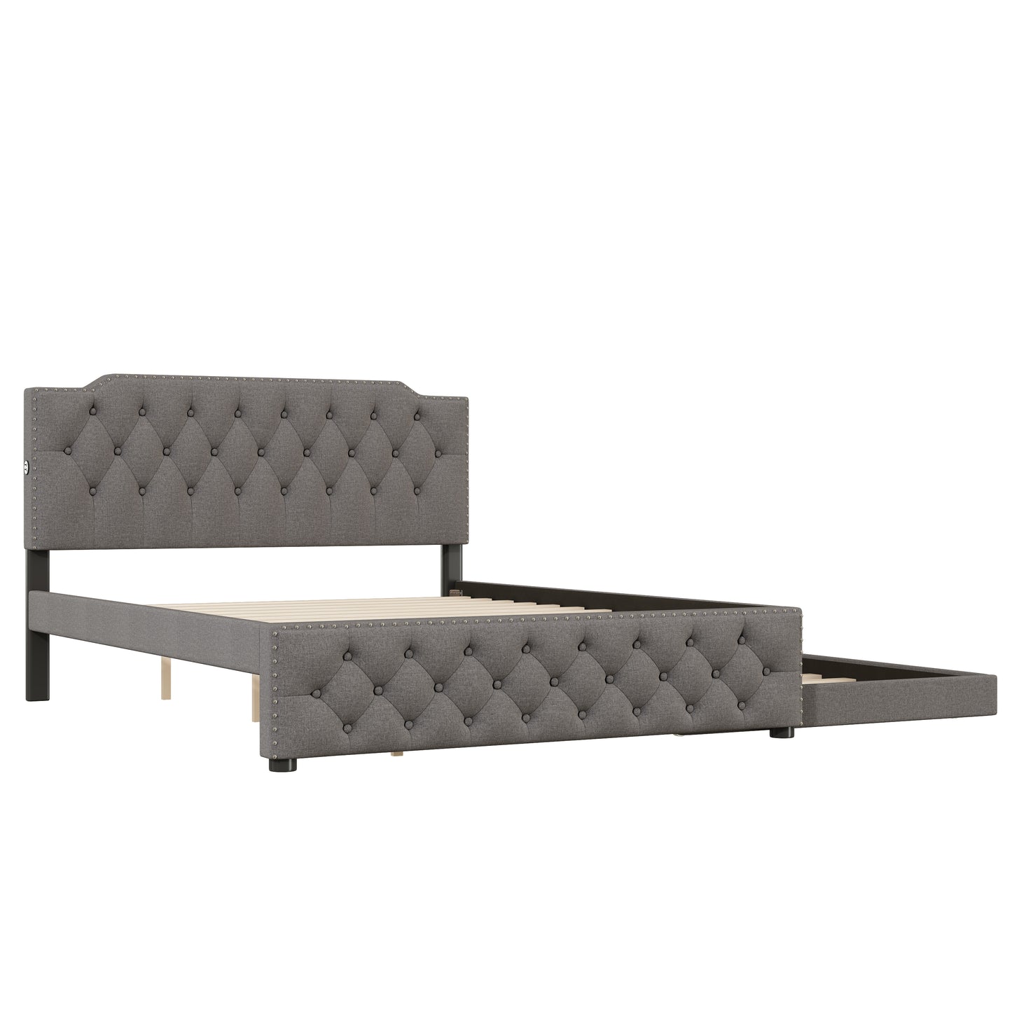 Gray upholstered bed frame with tufted headboard and storage drawer