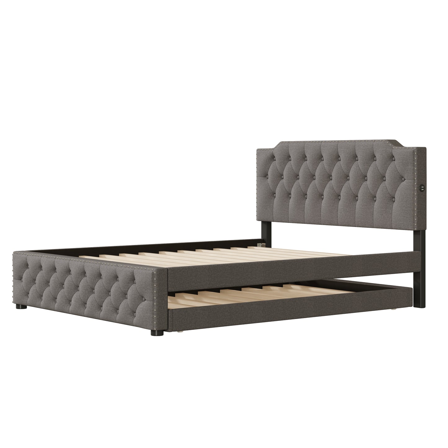 Grey fabric tufted bed frame with wooden slats and metal legs