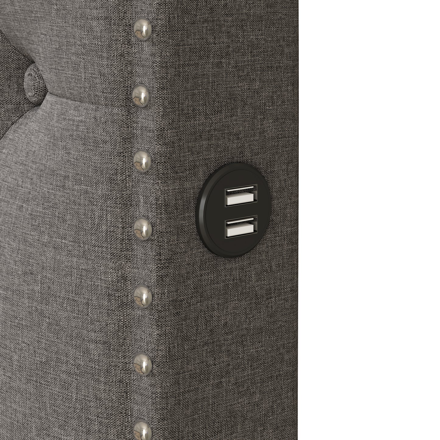 Gray upholstered bed frame with builtin USB charging ports