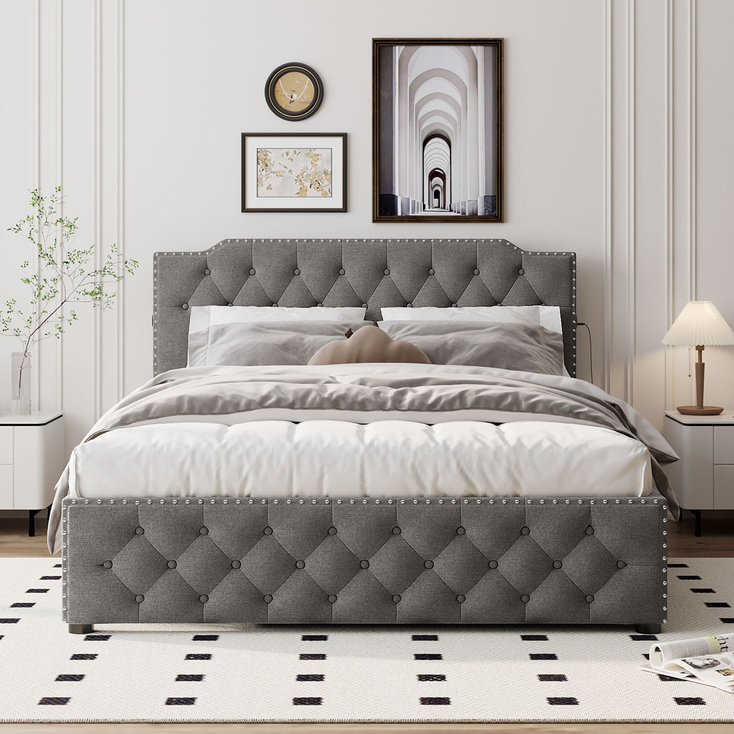 Tufted grey fabric bed frame with silver nailhead trim and diamond tufting