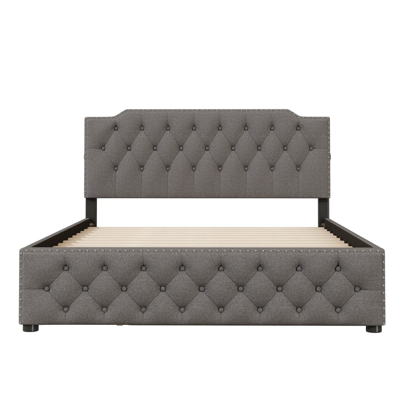 Tufted grey upholstered bed frame with silver nailhead trim