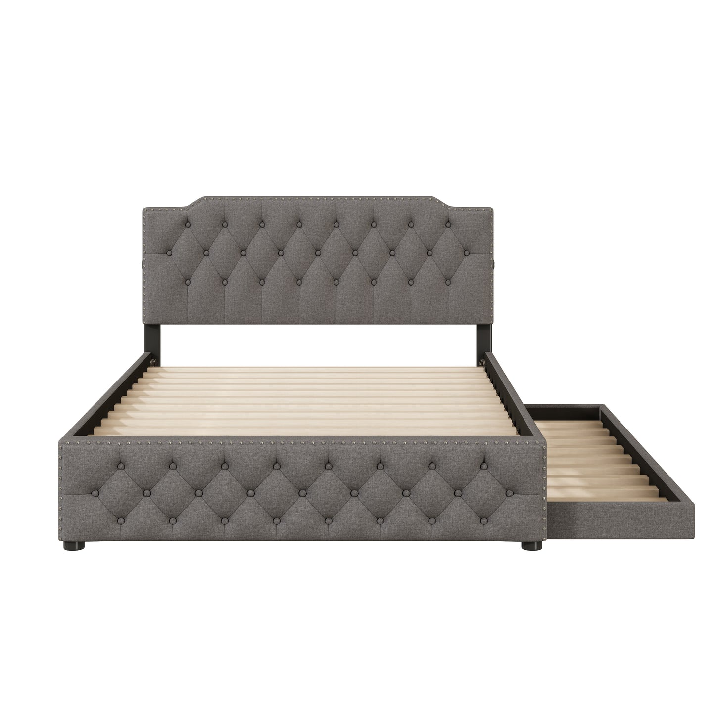 Gray upholstered bed frame with diamond tufting and pullout storage drawer