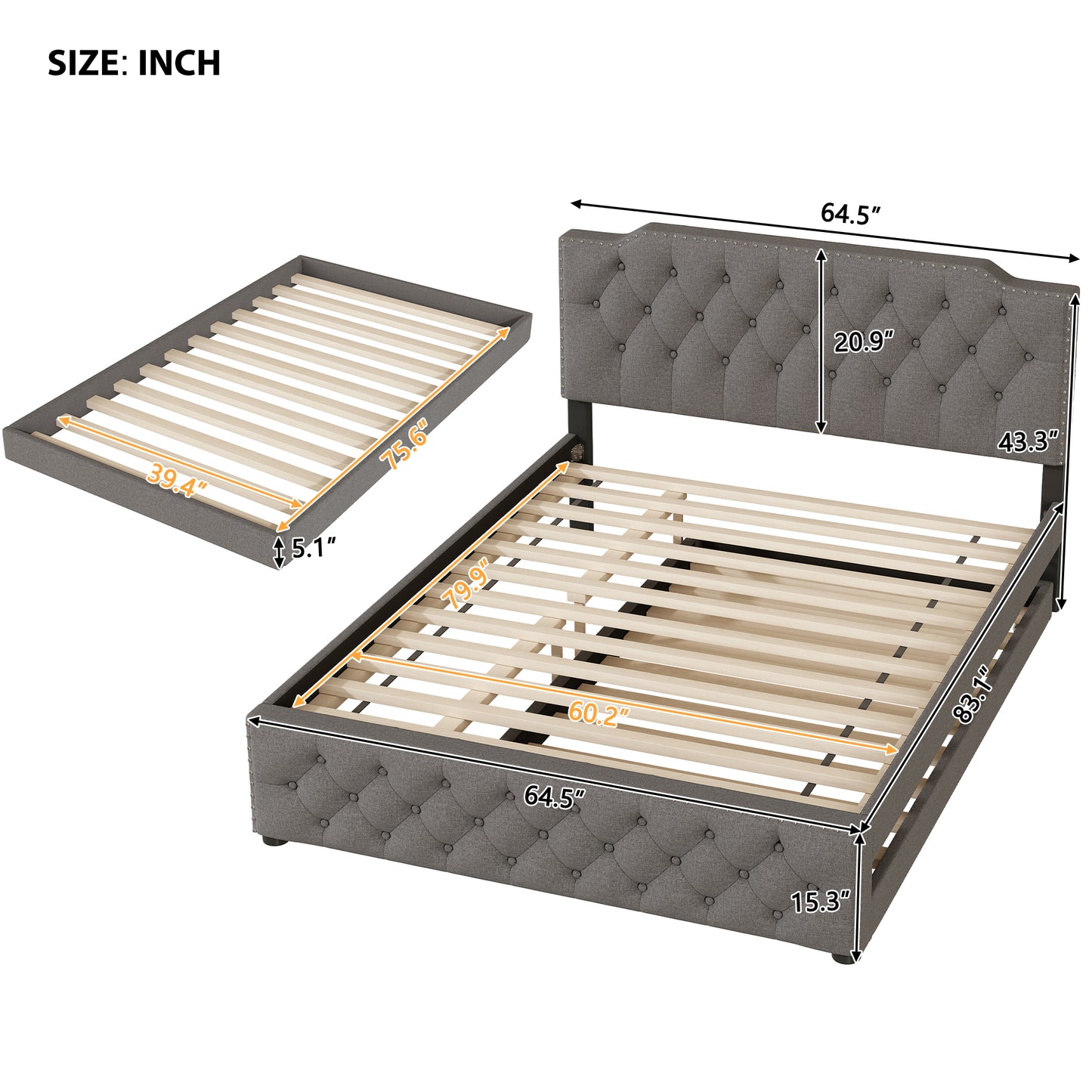Tufted grey fabric bed frame with diamond button tufting and silver nailhead trim