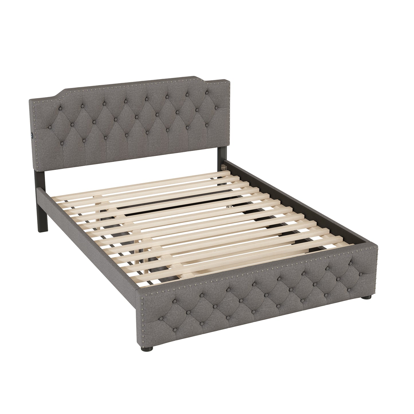 Gray upholstered queen bed frame with tufted headboard and footboard
