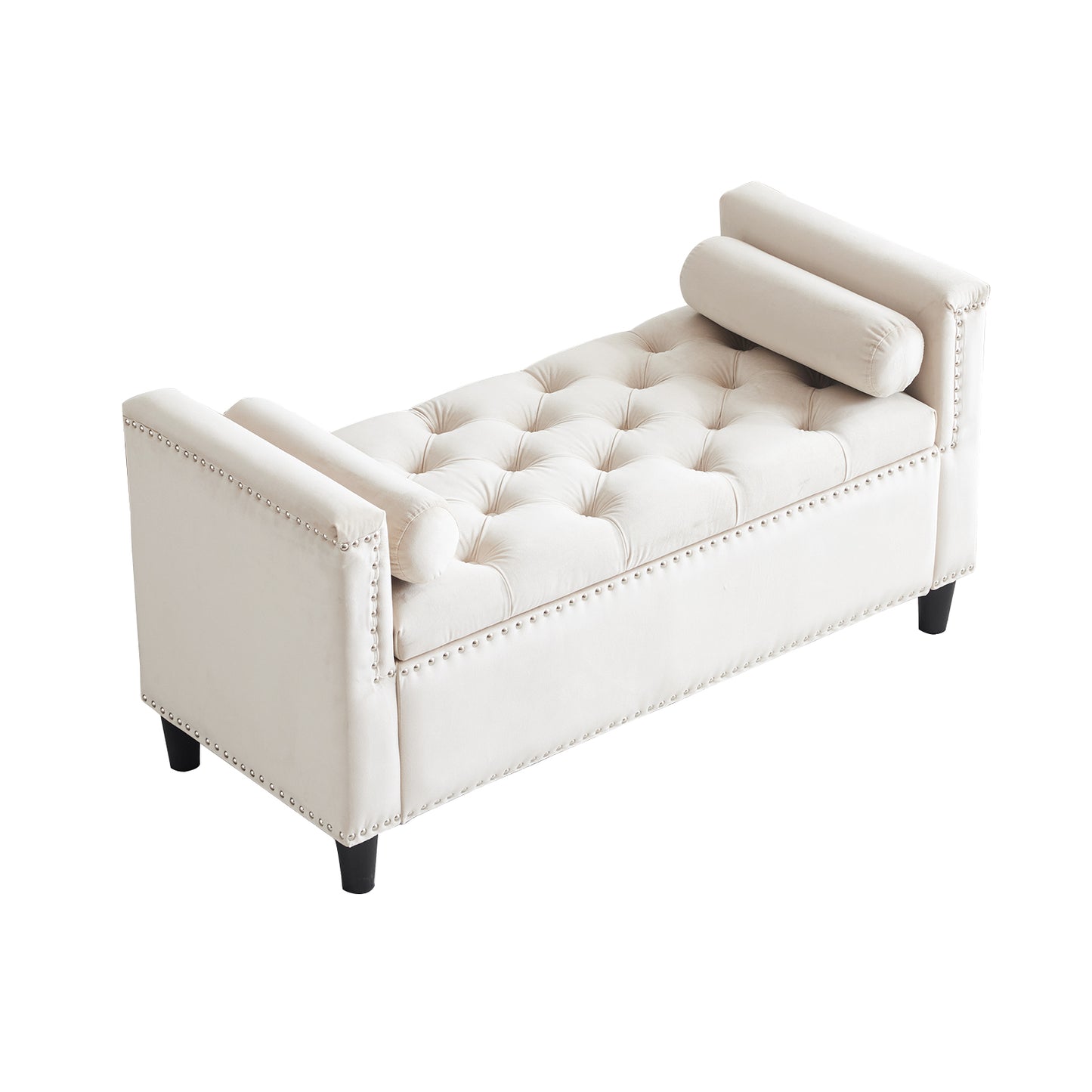 Cream velvet storage bench with tufted cushion and silver nailhead trim