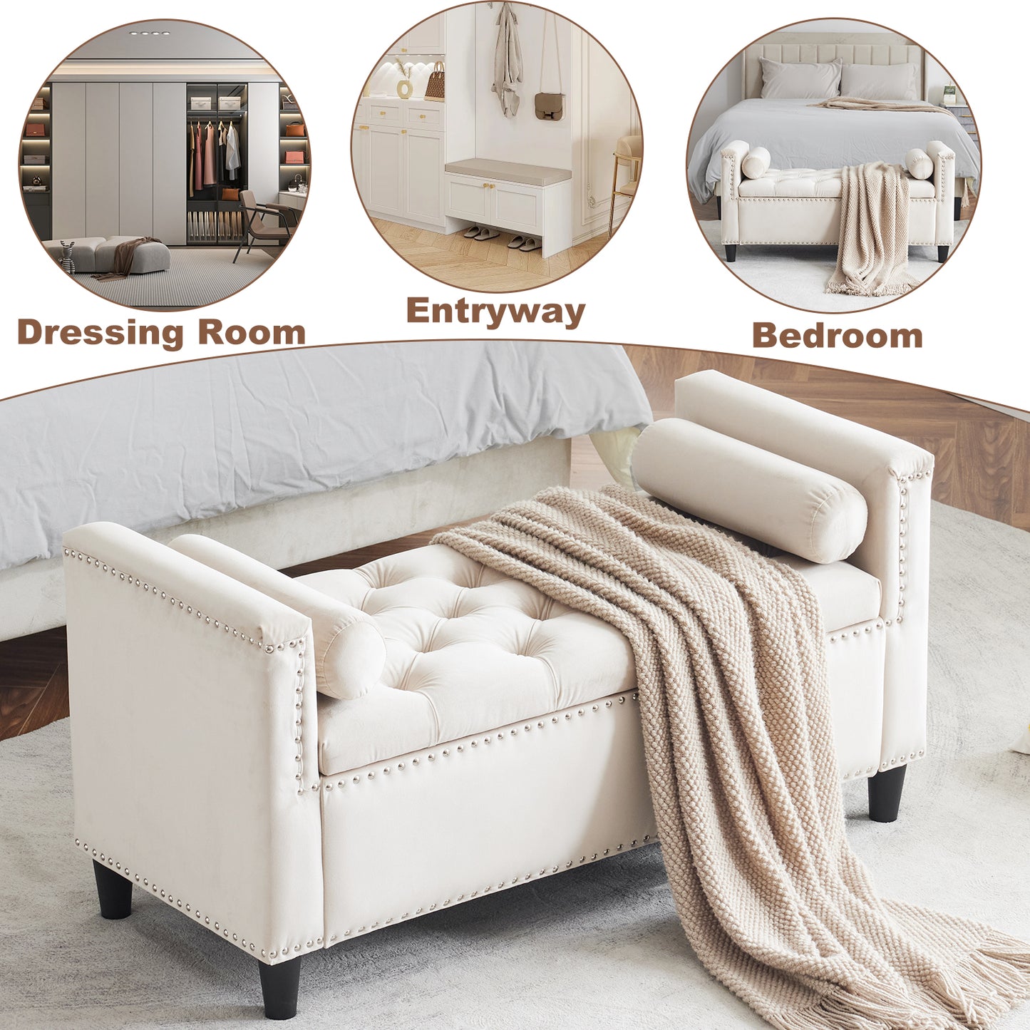 Tufted cream storage bench with nailhead trim and bolster pillows