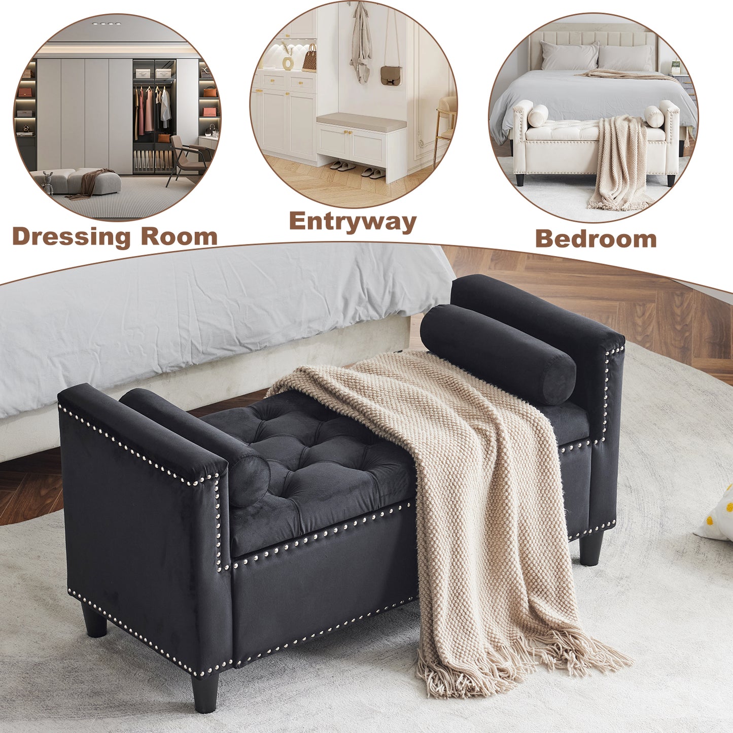 Black velvet storage ottoman with tufted seat and silver nailhead trim
